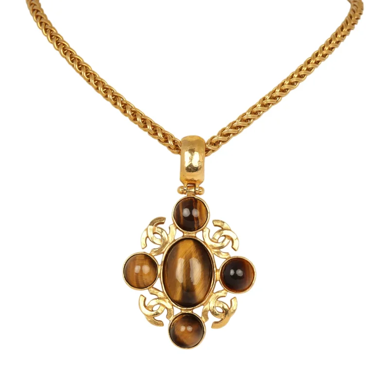 CHANEL LONG CC GRIPOIX STONE PENDANT NECKLACE TIGER EYE, GOLD PLATED HARDWARE