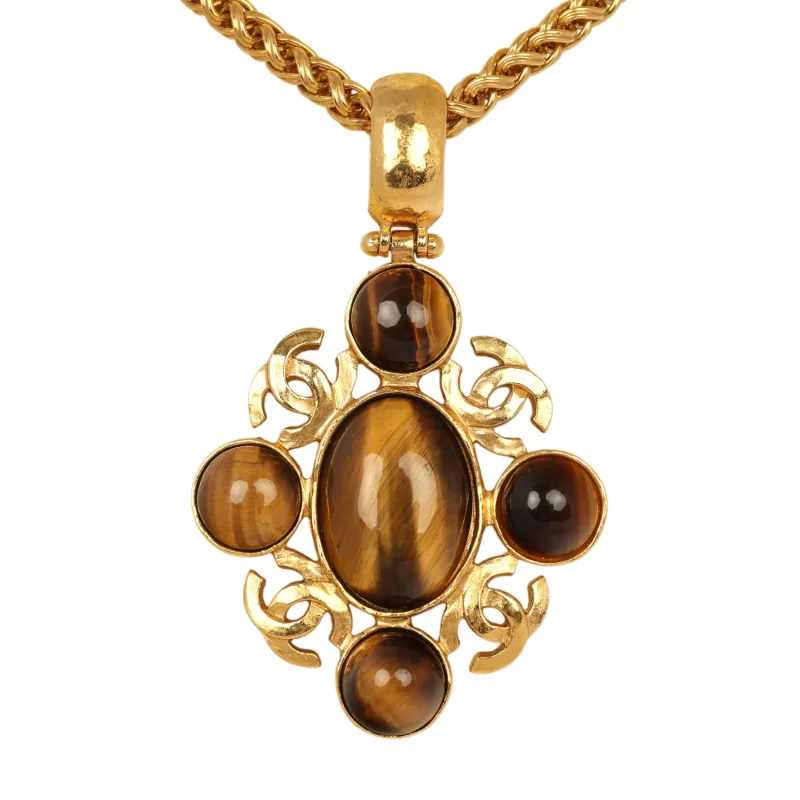 CHANEL LONG CC GRIPOIX STONE PENDANT NECKLACE TIGER EYE, GOLD PLATED HARDWARE