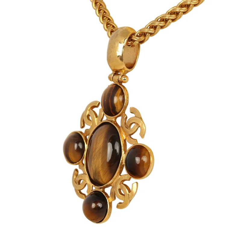 CHANEL LONG CC GRIPOIX STONE PENDANT NECKLACE TIGER EYE, GOLD PLATED HARDWARE