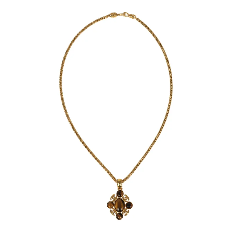 CHANEL LONG CC GRIPOIX STONE PENDANT NECKLACE TIGER EYE, GOLD PLATED HARDWARE