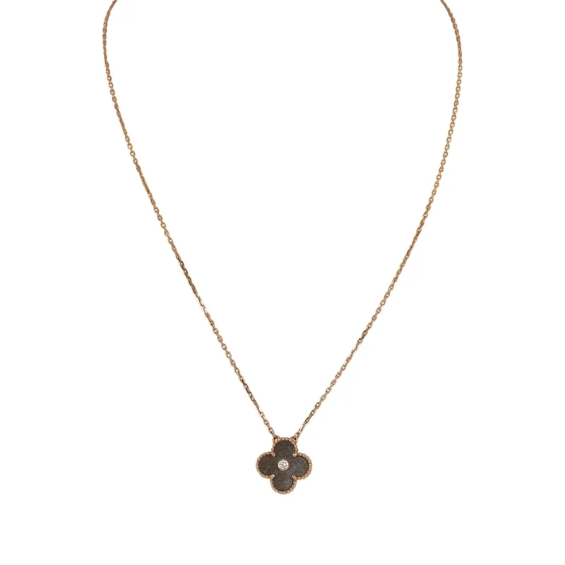 VAN CLEEF & ARPELS 2023 HOLIDAY VINTAGE ALHAMBRA PENDANT NECKLACE SILVER OBSIDIAN WHITE DIAMOND ROSE GOLD