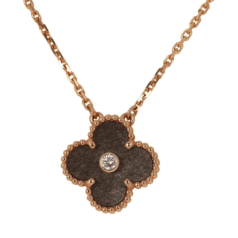 VAN CLEEF & ARPELS 2023 HOLIDAY VINTAGE ALHAMBRA PENDANT NECKLACE SILVER OBSIDIAN WHITE DIAMOND ROSE GOLD