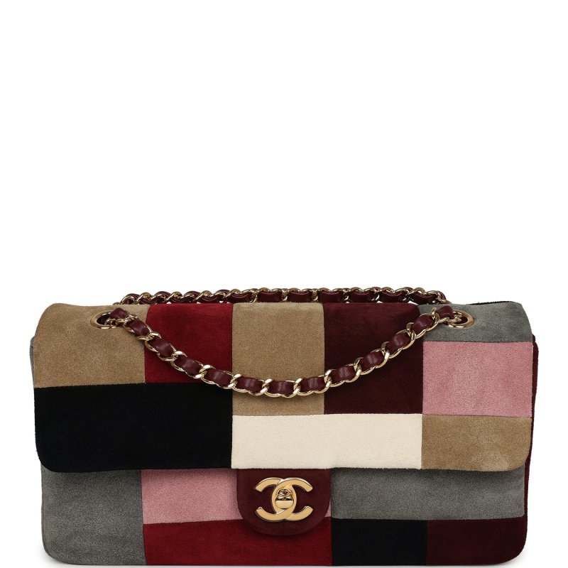 CHANEL EAST WEST PATCHWORK FLAP BAG BURGUNDY, GREY, RED, MULTICOLOR SUEDE GOLD HARDWARE