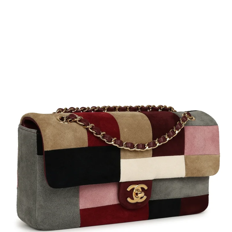 CHANEL EAST WEST PATCHWORK FLAP BAG BURGUNDY, GREY, RED, MULTICOLOR SUEDE GOLD HARDWARE
