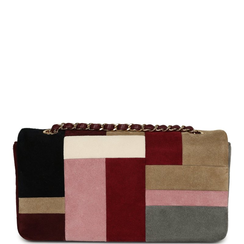 CHANEL EAST WEST PATCHWORK FLAP BAG BURGUNDY, GREY, RED, MULTICOLOR SUEDE GOLD HARDWARE