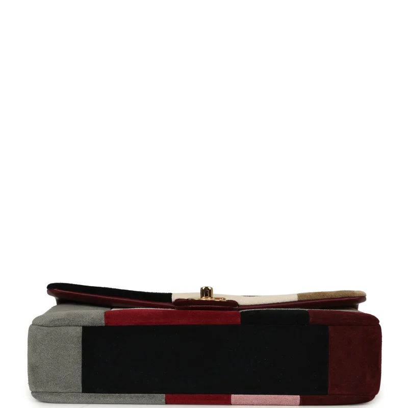 CHANEL EAST WEST PATCHWORK FLAP BAG BURGUNDY, GREY, RED, MULTICOLOR SUEDE GOLD HARDWARE