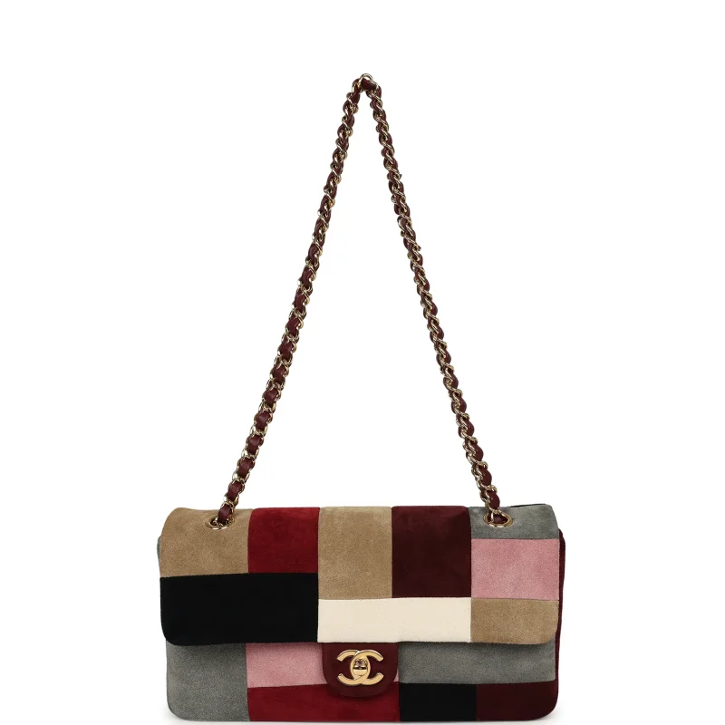 CHANEL EAST WEST PATCHWORK FLAP BAG BURGUNDY, GREY, RED, MULTICOLOR SUEDE GOLD HARDWARE