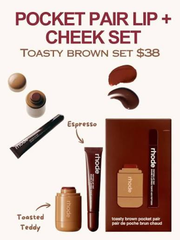 RHODE  POCKET PAIR LIMITED EDITION LIP + CHEEK SET COLOR: TOASTED TEDDY + ESPRESSO - A TOASTY BROWN PAIR
